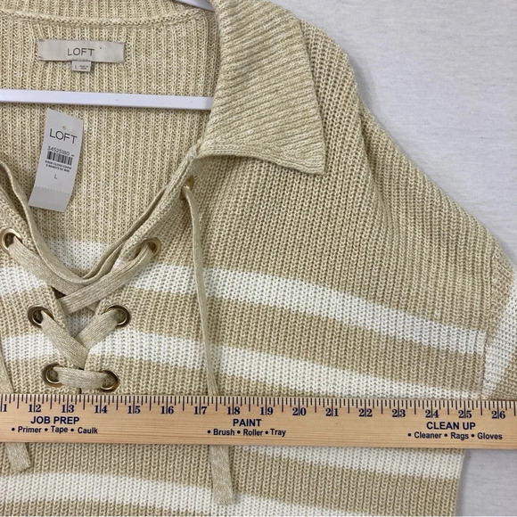 New LOFT Tan White Striped Lace Up Chunky Cozy Sweater size Large - Picture 7 of 10